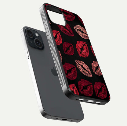 Midnight Kiss Love Glass Case for iPhone 15 floating dual-view mockup showing HD gloss and elegant edge design