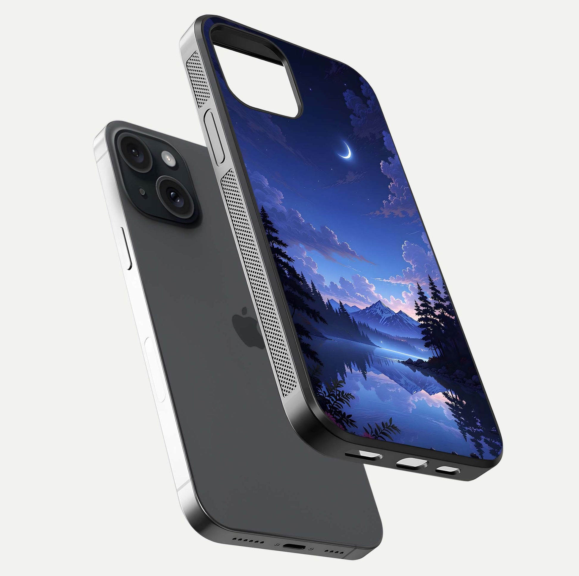 Midnight Lake Peace Glass Case for iPhone 15 floating dual-view mockup showing gloss finish and peaceful art