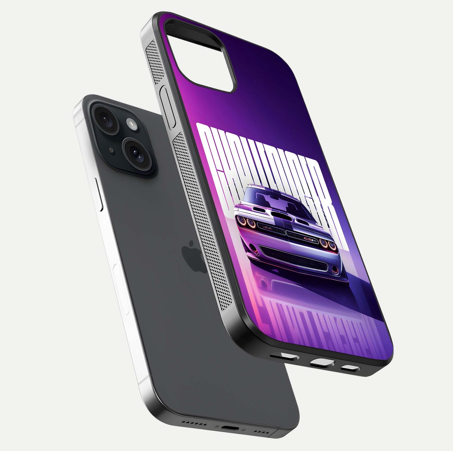Midnight Muscle Ride Glass Case for iPhone 15 floating dual-view mockup showing glossy finish and shine depth