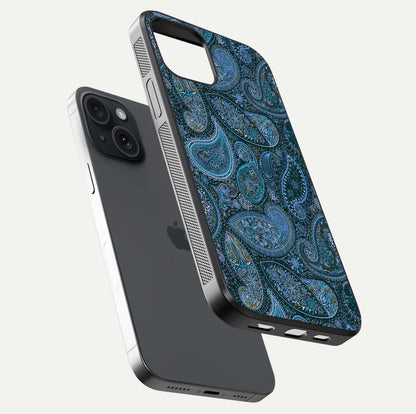Midnight Paisley Glow Glass Case for iPhone 15 floating dual-view mockup showing HD gloss and rich pattern