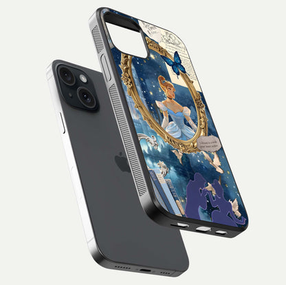 Midnight Queen Glass Case for iPhone 15 floating dual-view mockup showing HD glass shine and luxury art