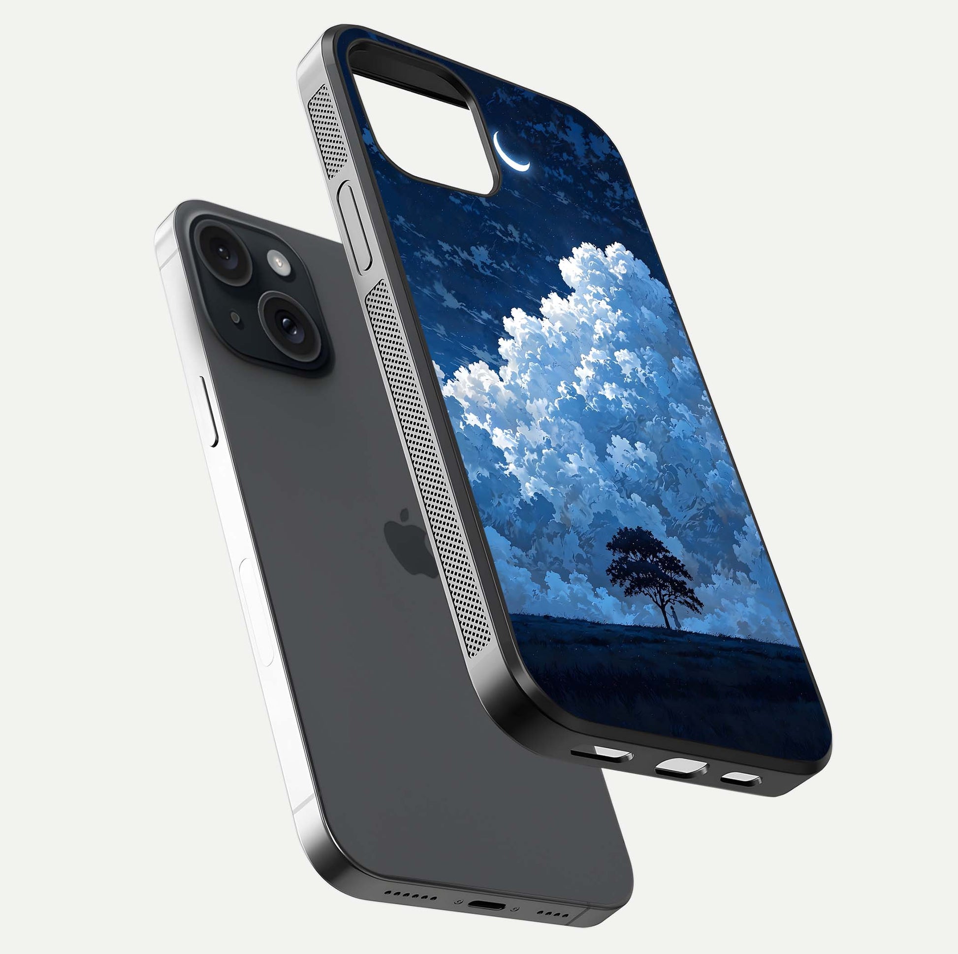 Midnight Sky Serenity Glass Case for iPhone 15 floating dual-view mockup showing HD gloss and night shine