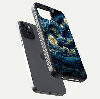 Midnight Sky Whirl Glass Case for iPhone 15 floating dual-view mockup showing gloss texture and shine