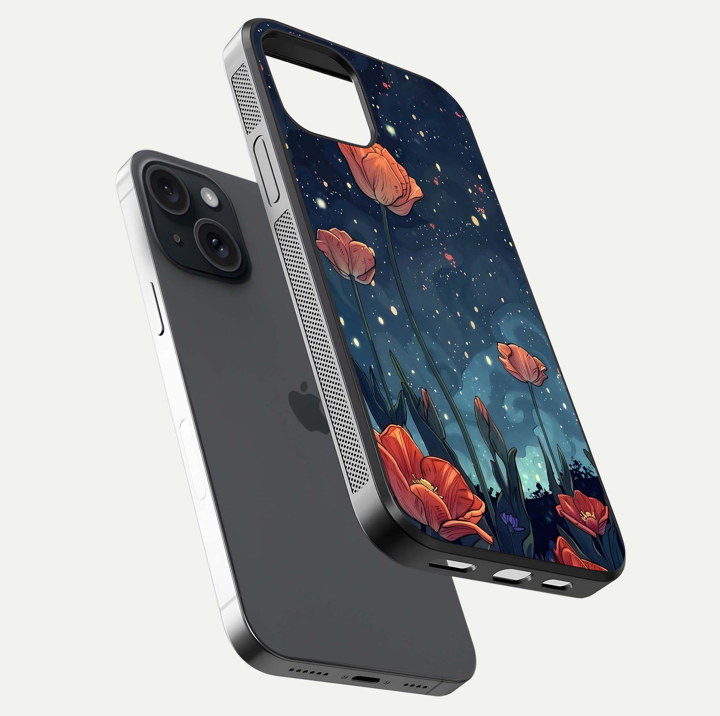 Midnight Tulip Glow Glass Case for iPhone 15 floating dual-view mockup showing HD gloss and tulip tone