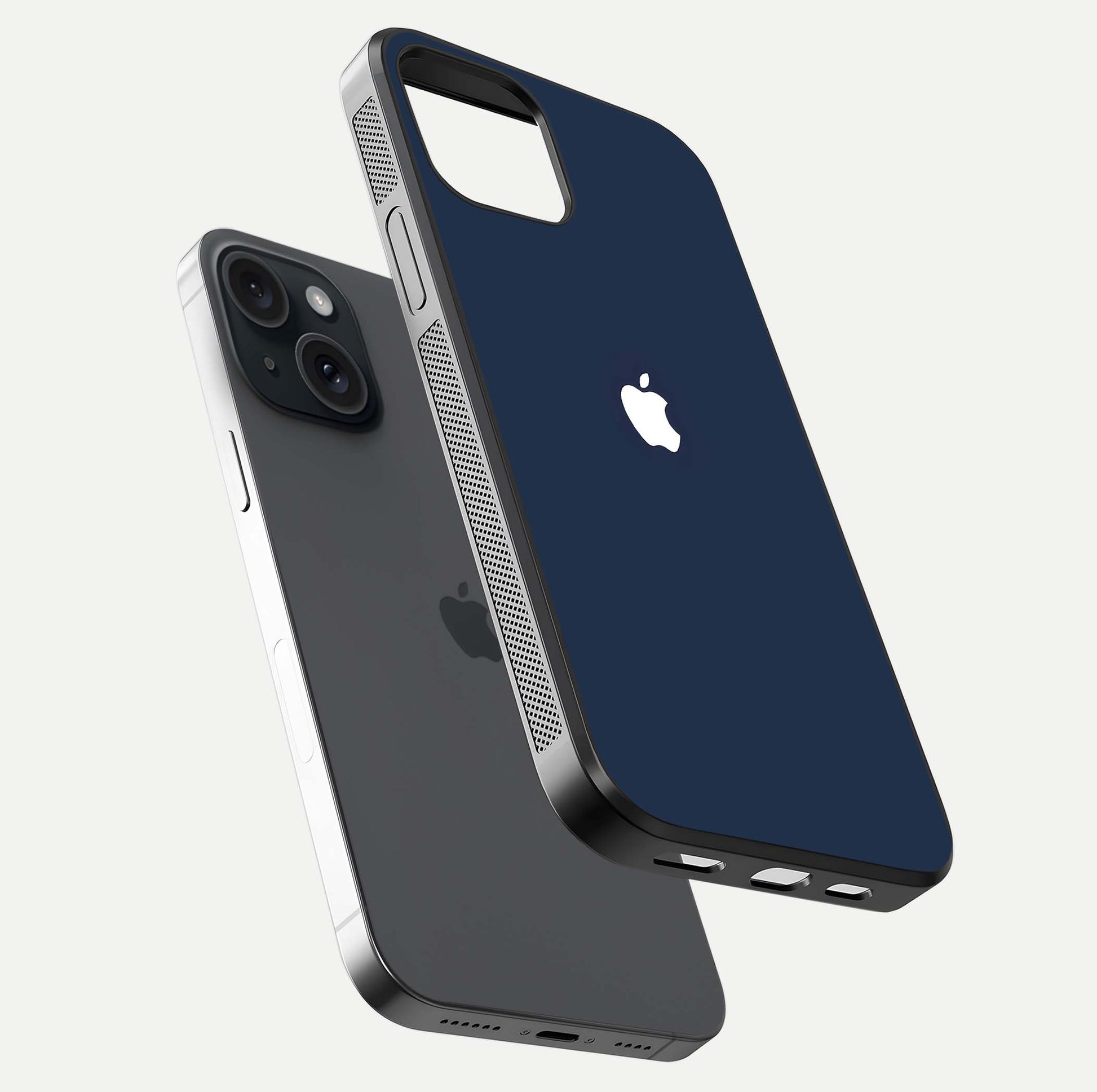 Minimal Apple Night Glass Case for iPhone 15 floating dual-view mockup showing HD shine and minimal style
