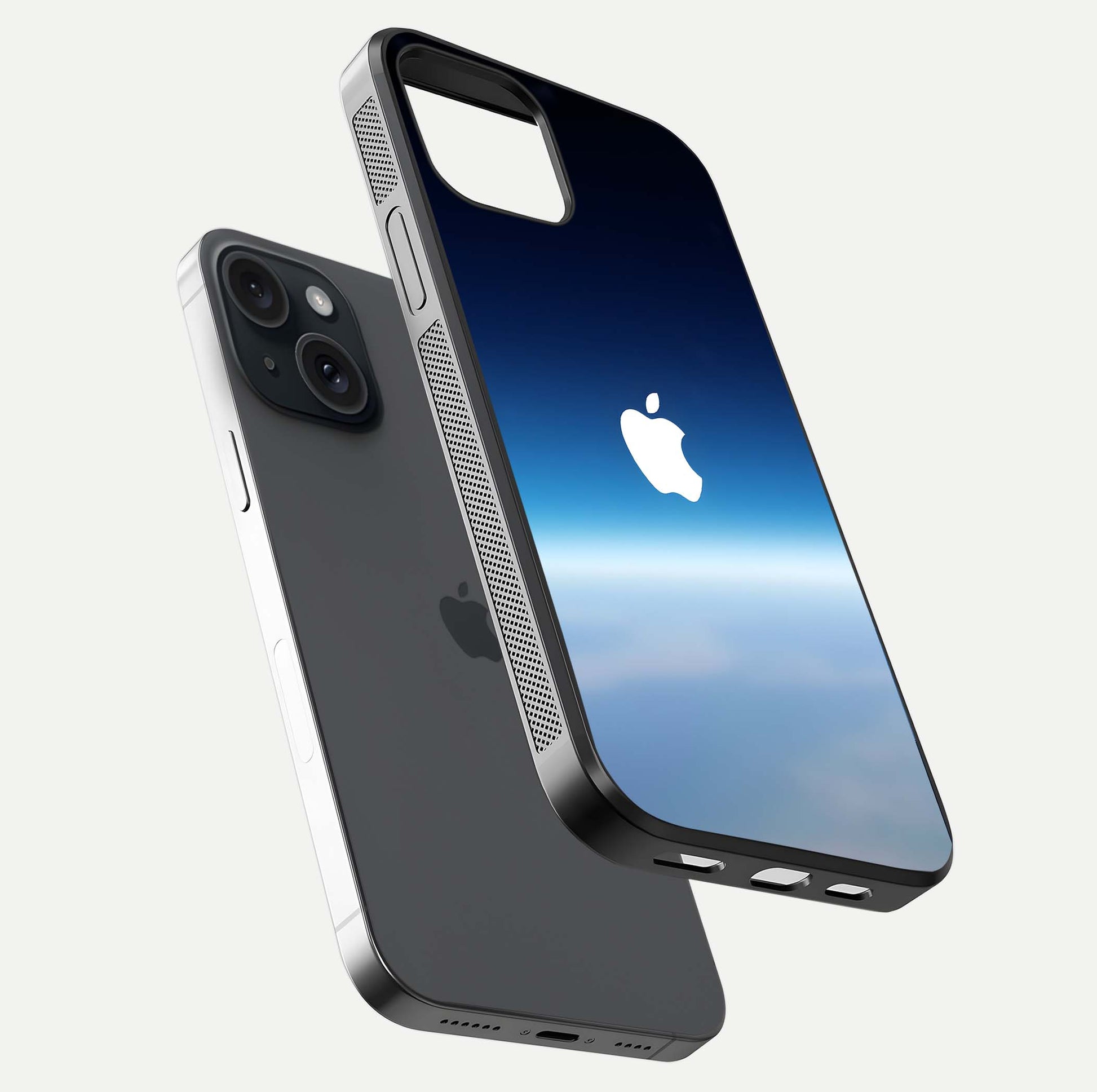 Minimal Apple Sky Glass Case for iPhone 15 floating dual-view mockup showing HD gloss and Apple design