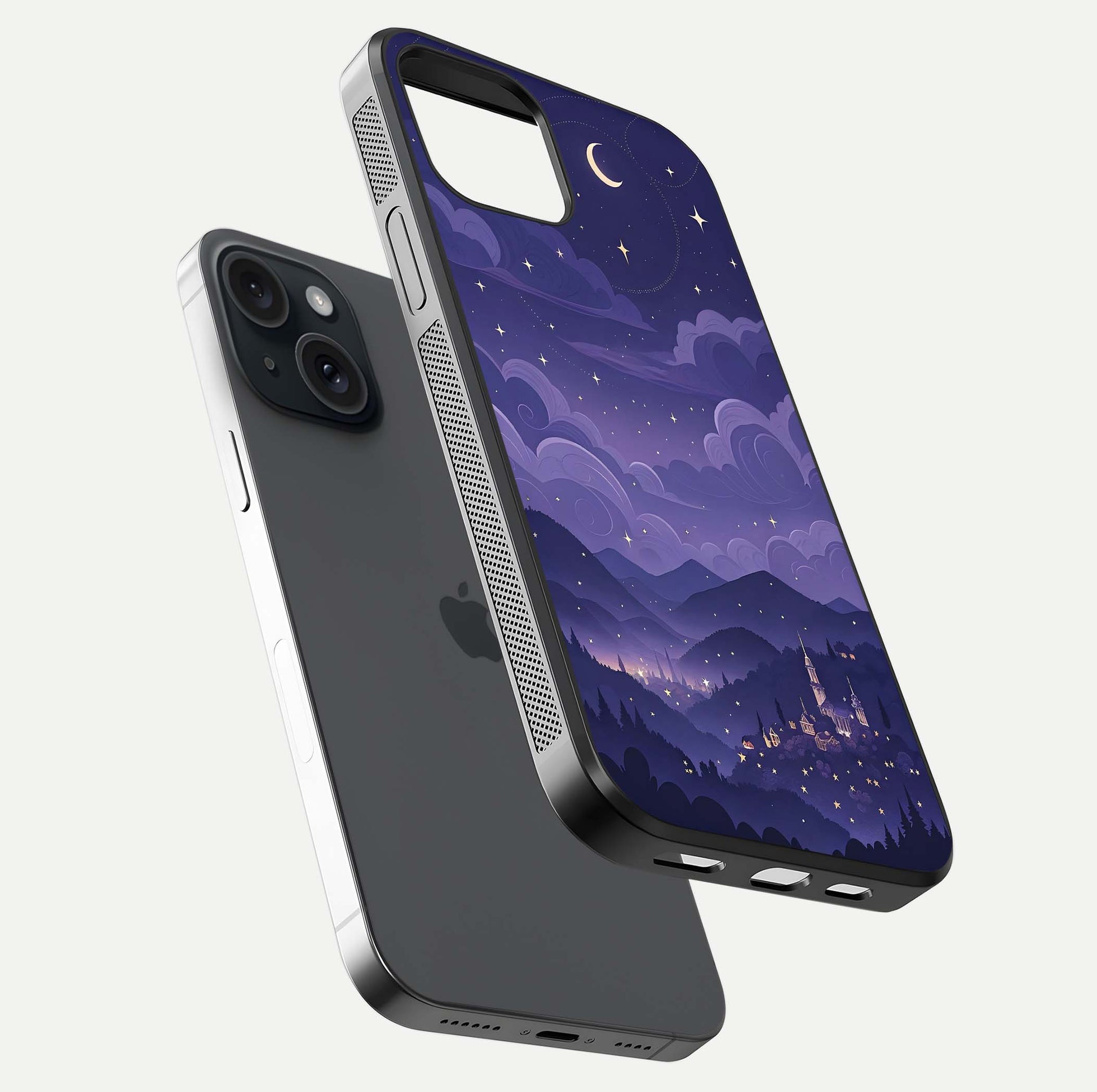 Minimal Night View Glass Case for iPhone 15 floating dual-view mockup showing HD gloss and clean lines