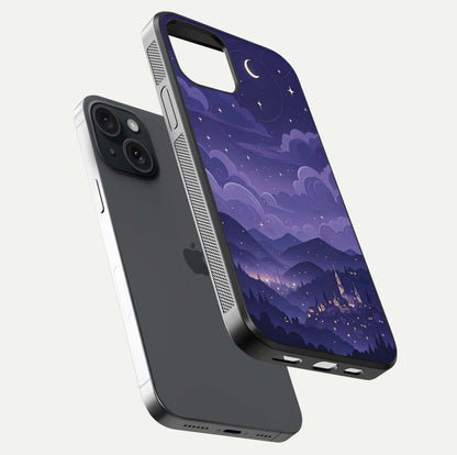 Minimal Night View Glass Case for iPhone 15 floating dual-view mockup showing HD gloss and clean lines