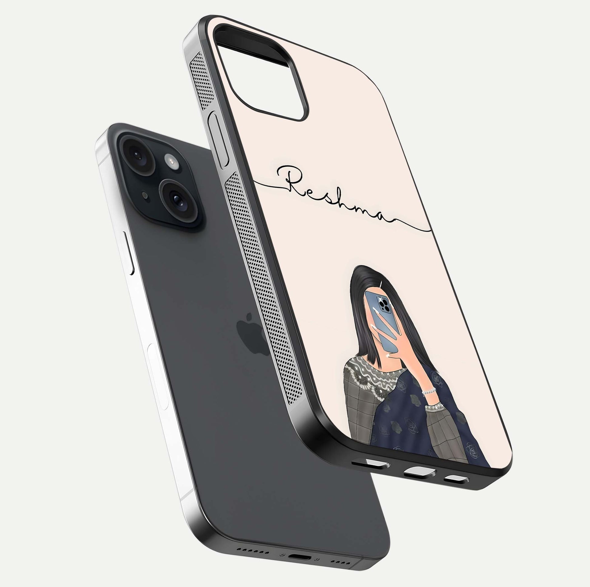 Mirror Mood Muse Custom Name Glass Case for iPhone 15 floating dual-view mockup showing reflection and luxury style