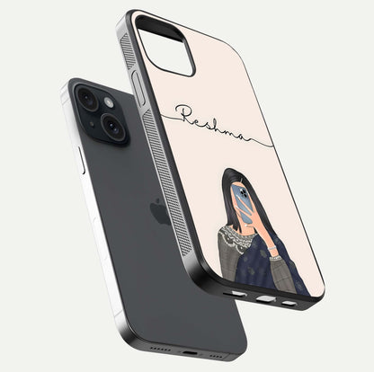 Mirror Mood Muse Custom Name Glass Case for iPhone 15 floating dual-view mockup showing reflection and luxury style