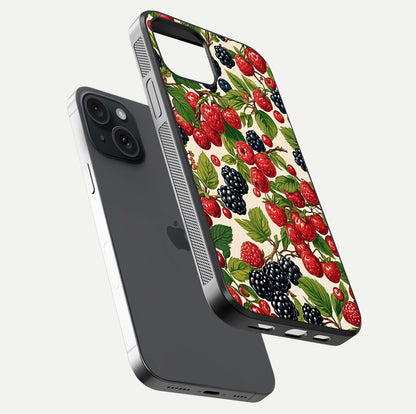 Mixed Berry Collage Glass Case for iPhone 15 floating dual-view mockup showing gloss depth and vibrant design