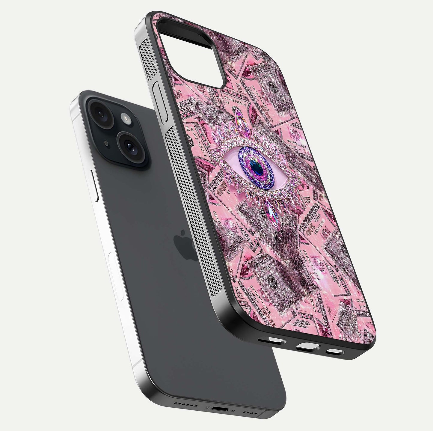 Money Eye Luxe Glass Case for iPhone 15 floating dual-view mockup showing gloss surface and premium look