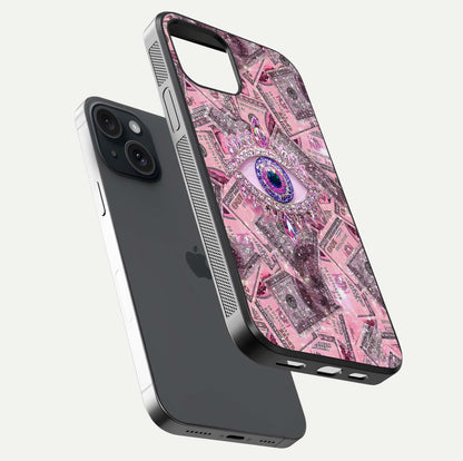 Money Eye Luxe Glass Case for iPhone 15 floating dual-view mockup showing gloss surface and premium look