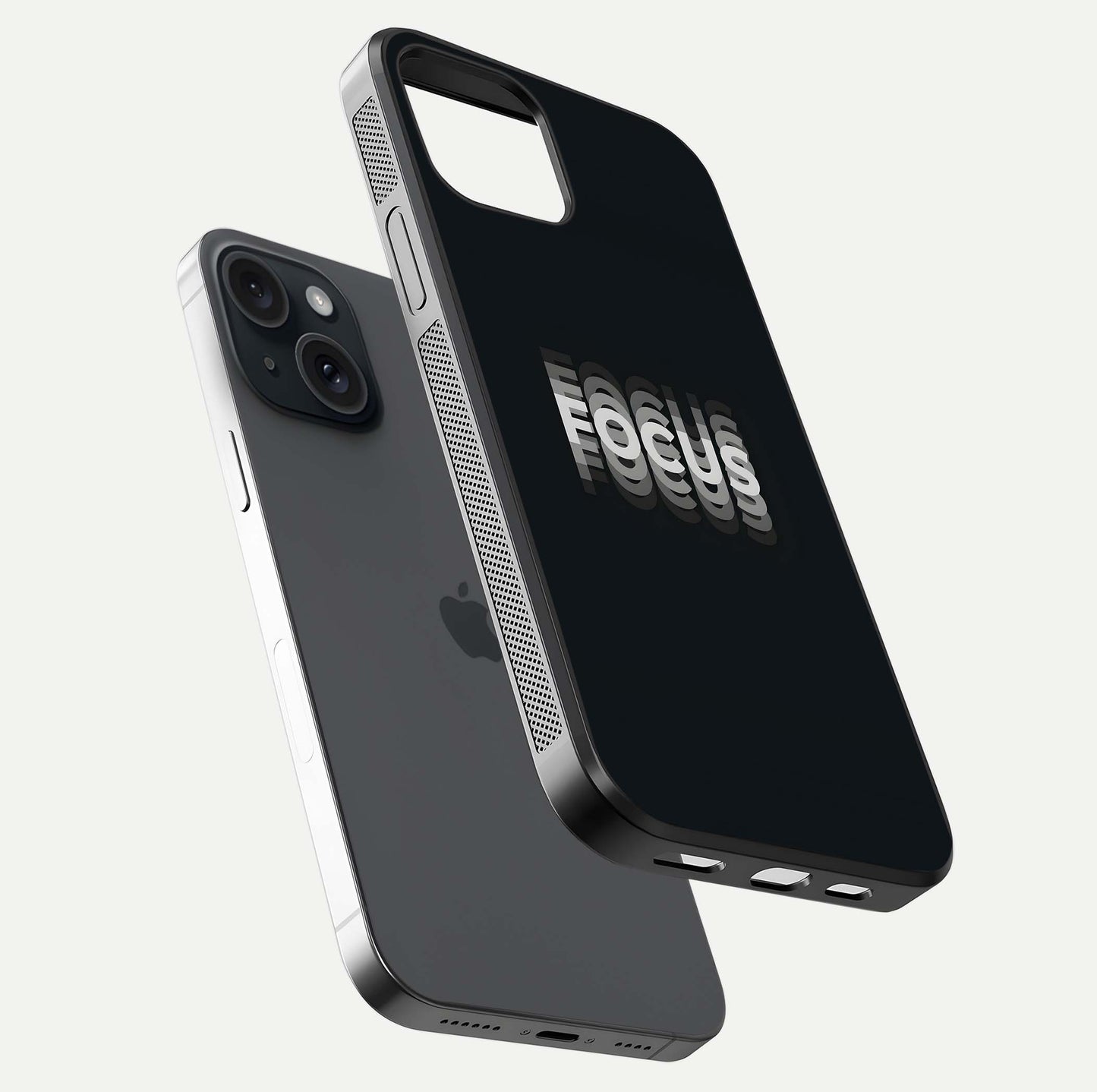 Mono Focus Vision Glass Case for iPhone 15 floating dual-view mockup showing HD gloss and elegant simplicity
