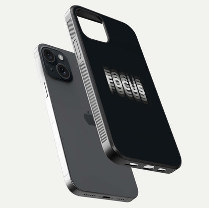 Mono Focus Vision Glass Case for iPhone 15 floating dual-view mockup showing HD gloss and elegant simplicity