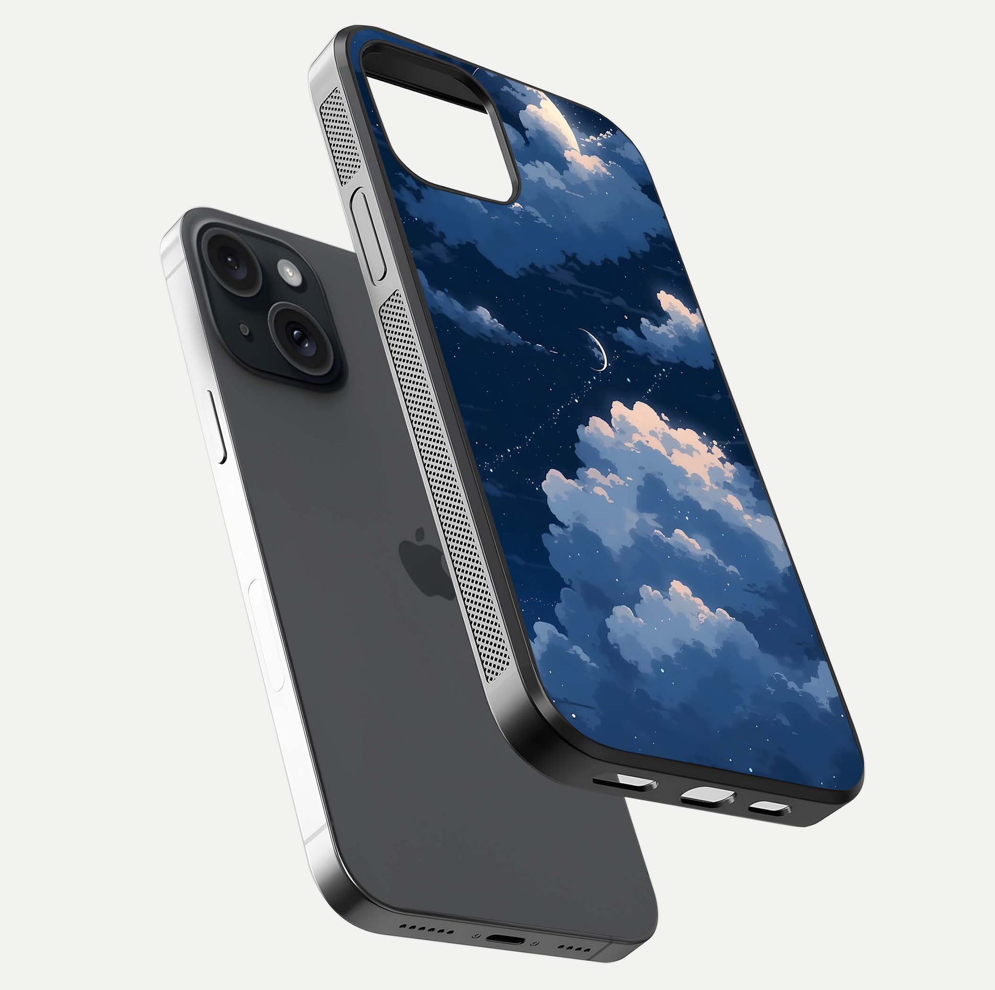 Moon Dream Haze Glass Case for iPhone 15 floating dual-view mockup showing gloss texture and calm tones
