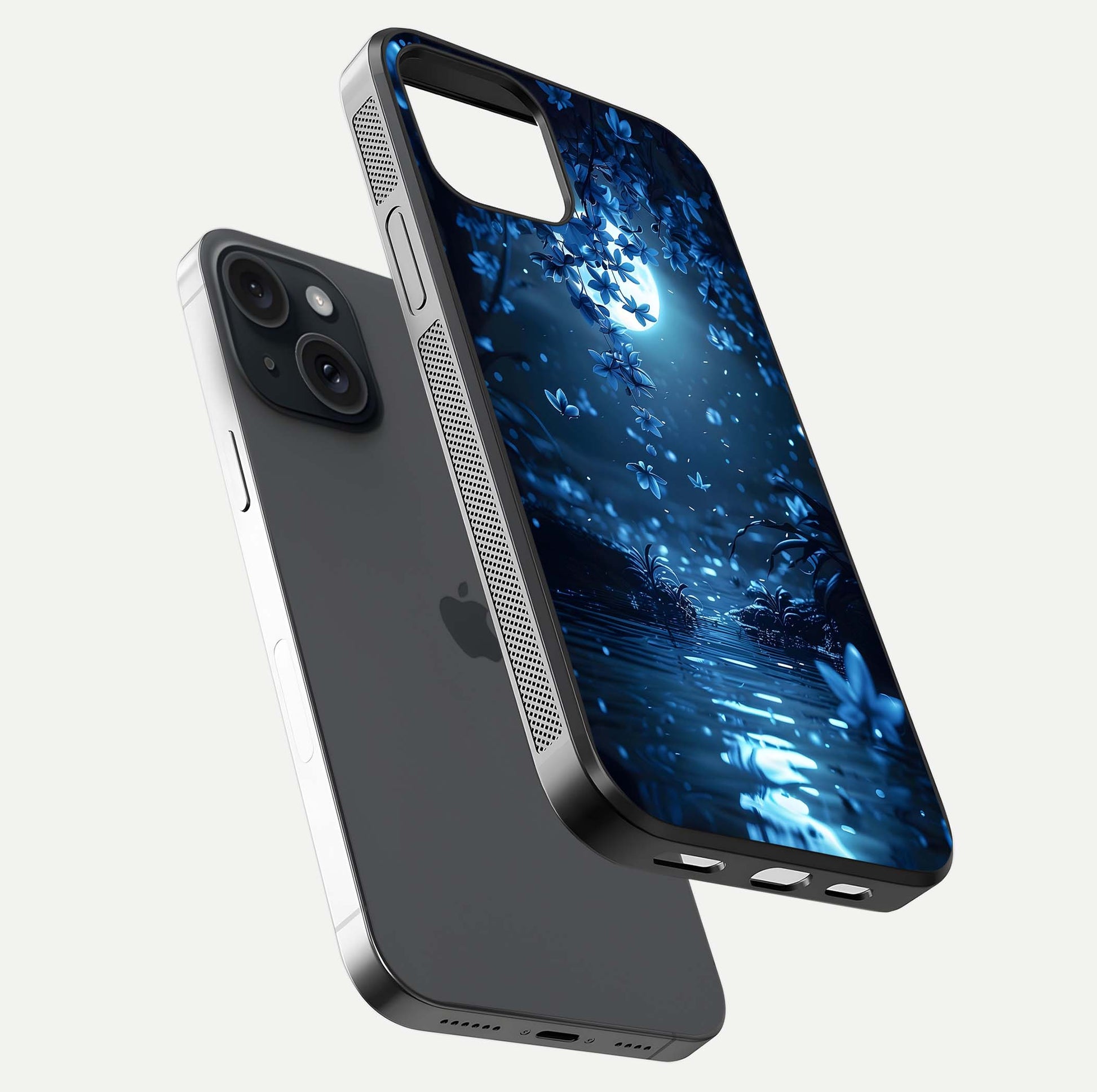 Moonlight Petal Dream Glass Case for iPhone 15 floating dual-view mockup showing HD gloss and dreamy art