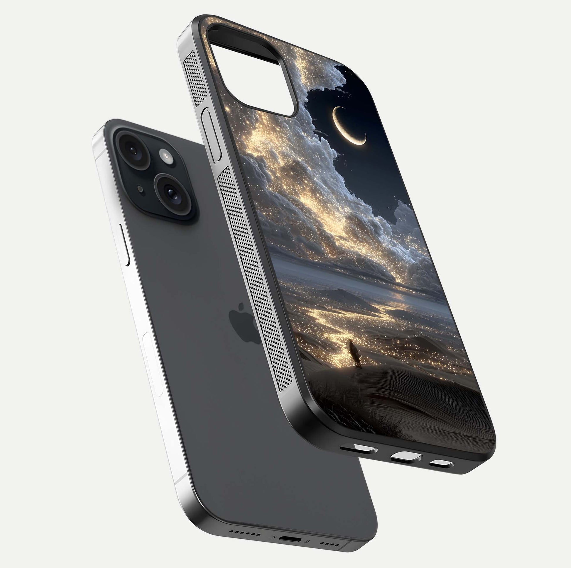 Moonlight Spark Path Glass Case for iPhone 15 floating dual-view mockup showing gloss finish and shine depth