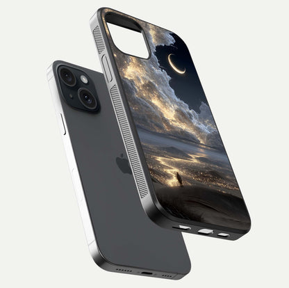 Moonlight Spark Path Glass Case for iPhone 15 floating dual-view mockup showing gloss finish and shine depth