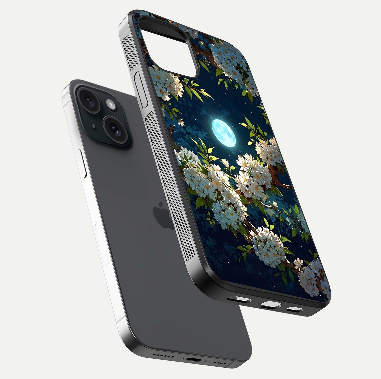 Moonlit Blossom Dream Glass Case for iPhone 15 floating dual-view mockup showing gloss texture and floral tone