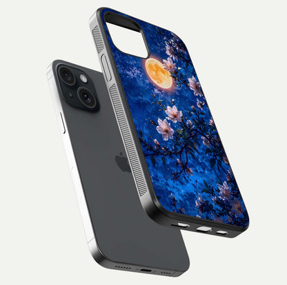 Moonlit Blossoms Night Glass Case for iPhone 15 floating dual-view mockup showing HD gloss and floral contrast