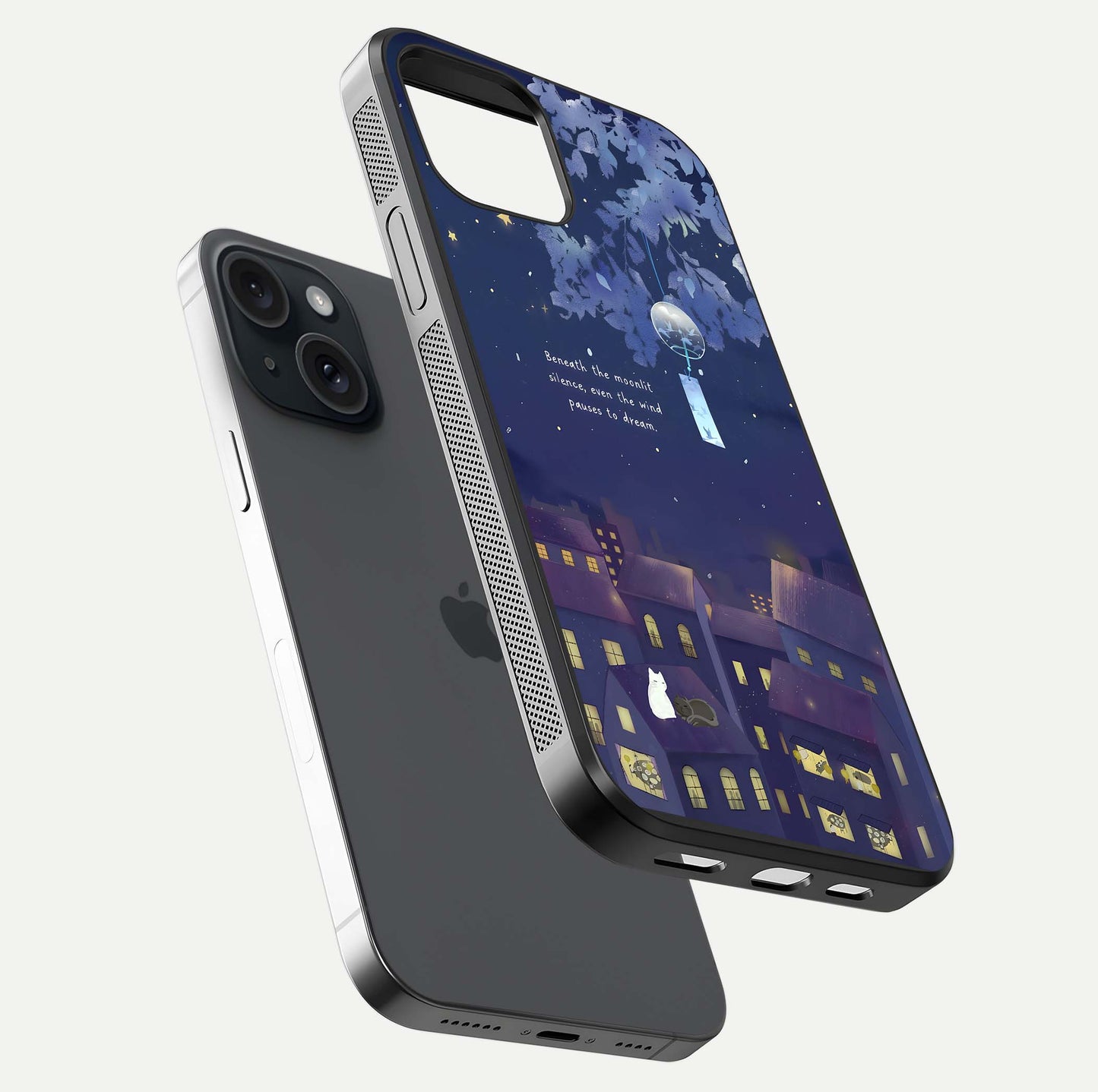 Moonlit Cat Silence Glass Case for iPhone 15 floating dual-view mockup showing gloss reflection and moon art