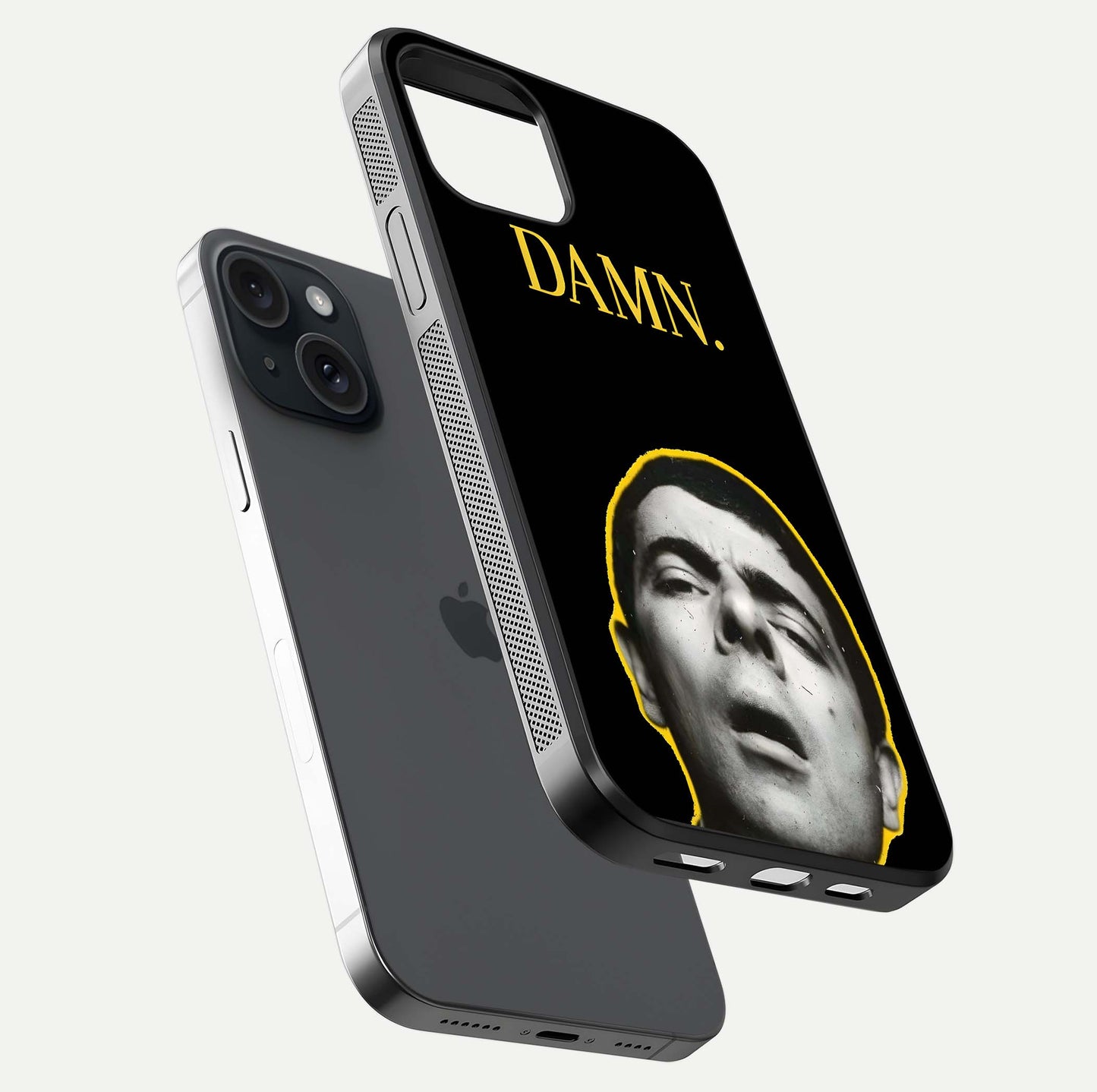 Mr Bean Damn Glass Case for iPhone 15 floating dual-view mockup showing reflective gloss and vivid tones