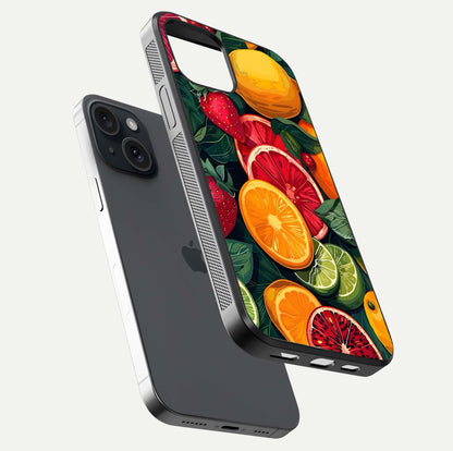 Multiple Fruits Glass Case for iPhone 15 floating dual-view mockup showing reflection depth and freshness