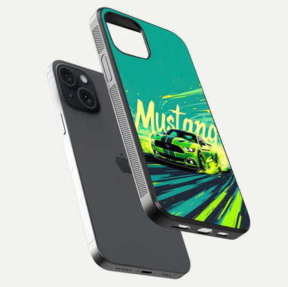 Mustang Bang Glass Case for iPhone 15 floating dual-view mockup showing gloss depth and power design