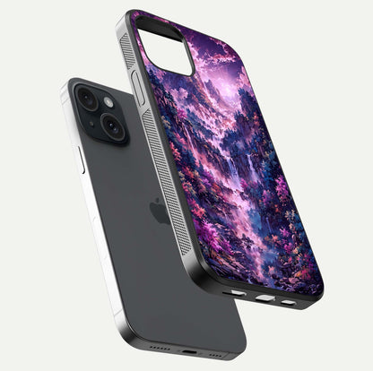 Mystic Cascade Peaks Glass Case for iPhone 15 floating dual-view mockup showing gloss texture and depth