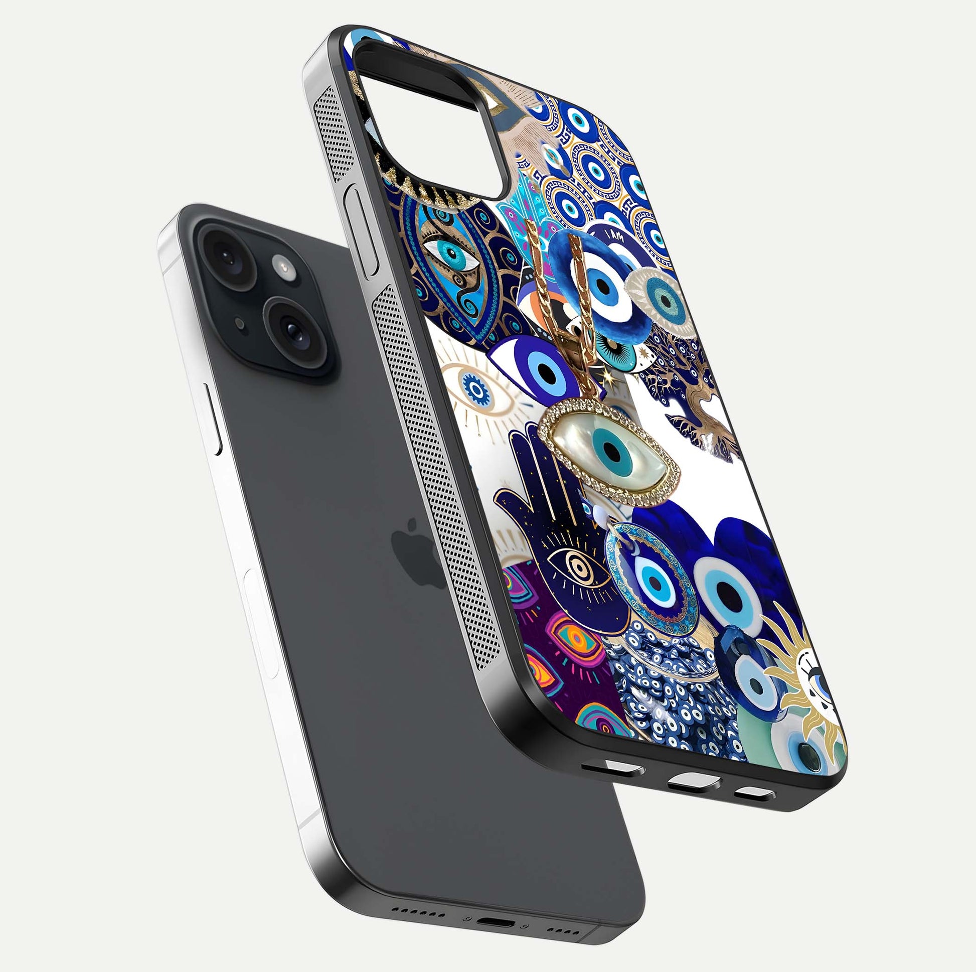 Mystic Charm Eye Glass Case for iPhone 15 floating dual-view mockup showing gloss glow and charm symbol