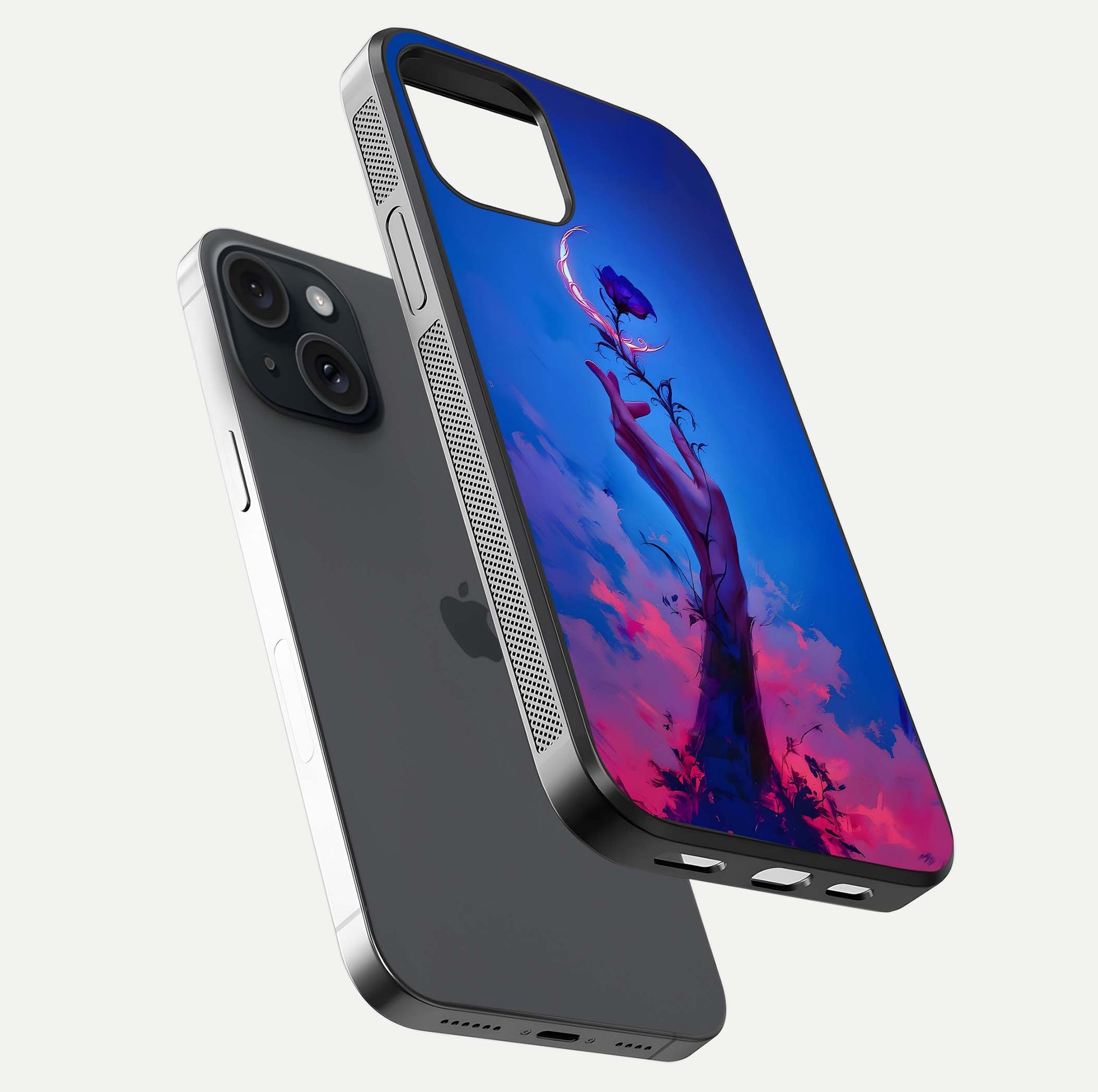 Mystic Hand Glass Case for iPhone 15 floating dual-view mockup showing HD shine and fine palm detail