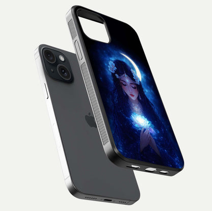 Mystic Moon Queen Glass Case for iPhone 15 floating dual-view mockup showing HD gloss and cosmic glow