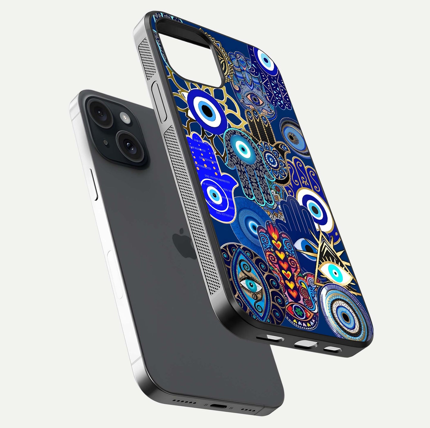 Mystic Palm Guard Glass Case for iPhone 15 floating dual-view mockup showing HD reflection and vivid tone
