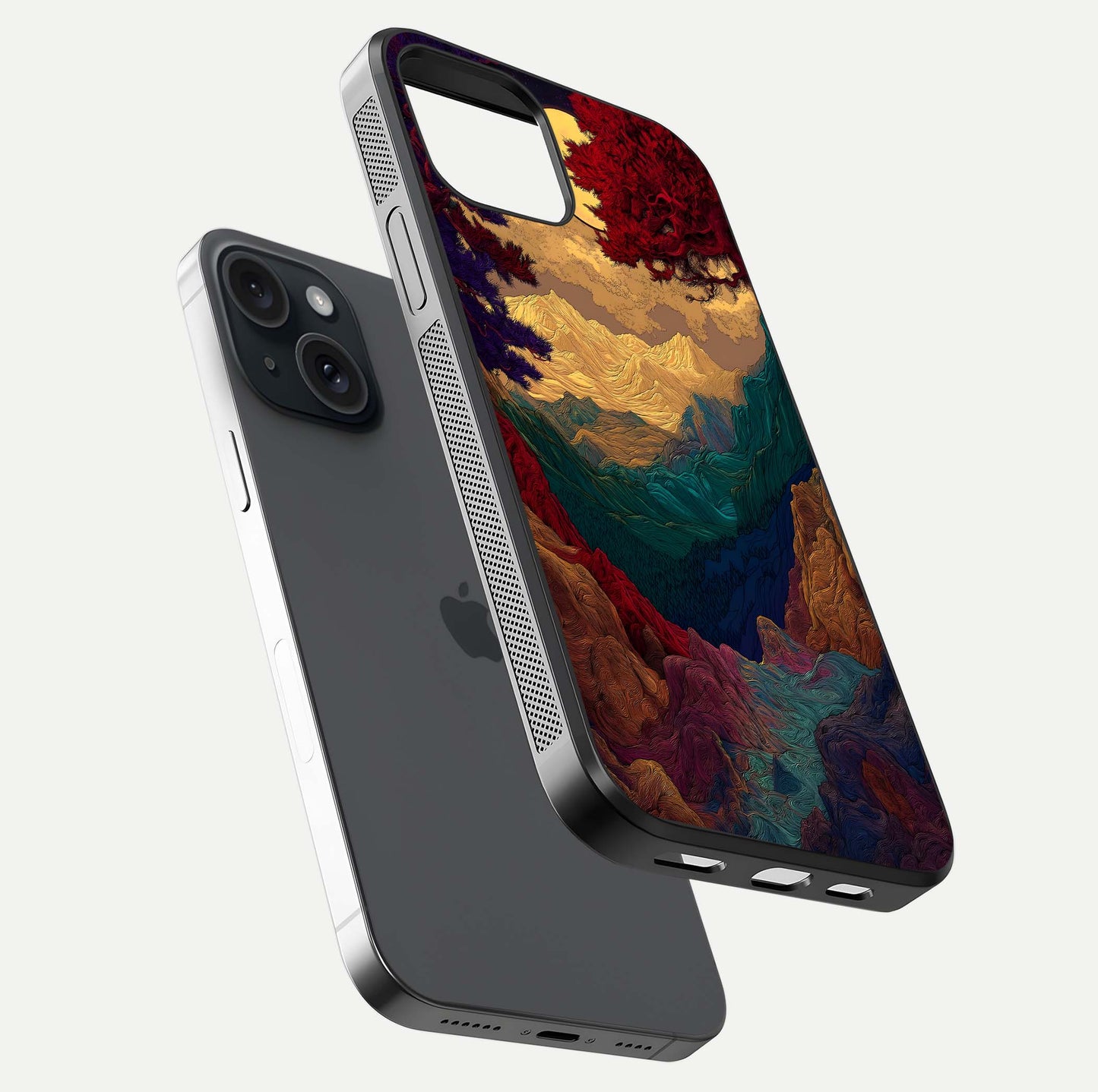 Mystic Valley Light Glass Case for iPhone 15 floating dual-view mockup showing HD gloss and light blend