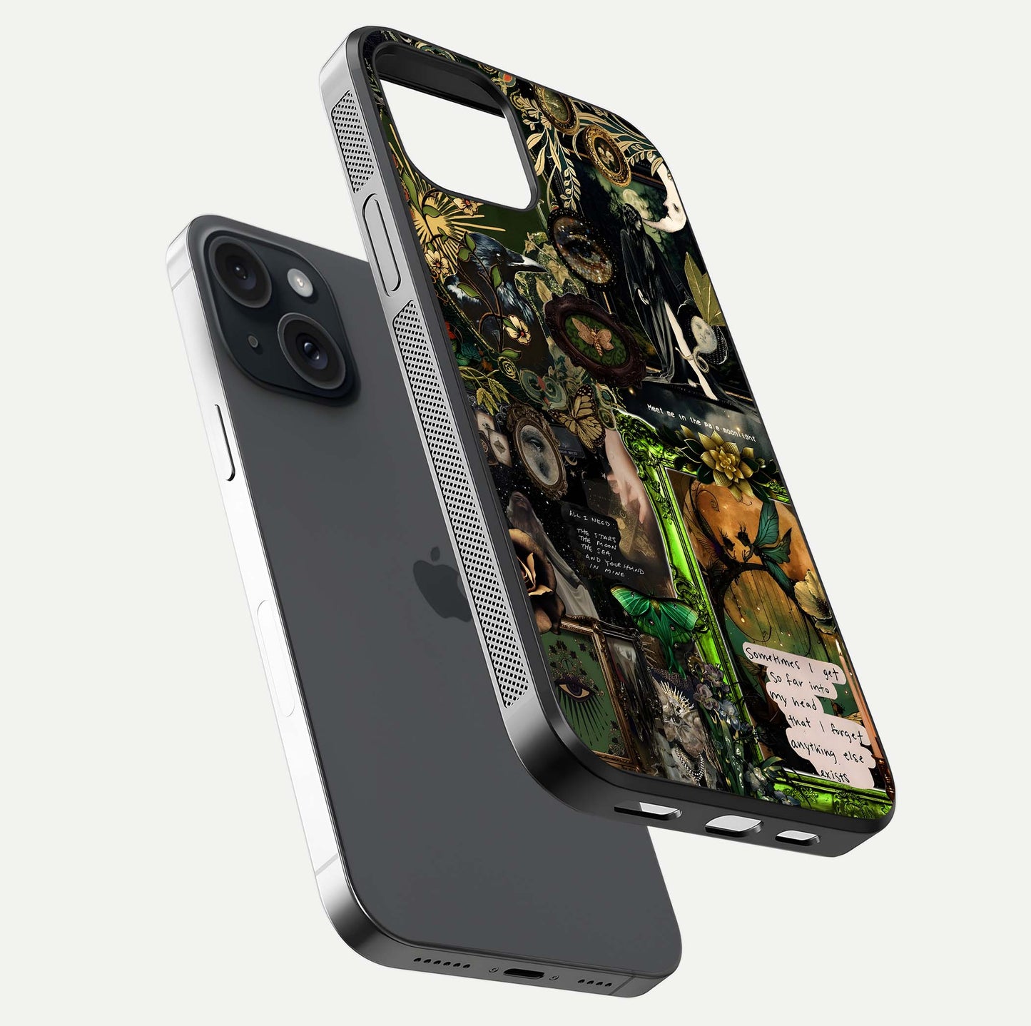 Mystic Woods Secret Glass Case for iPhone 15 floating dual-view mockup showing HD shine and depth