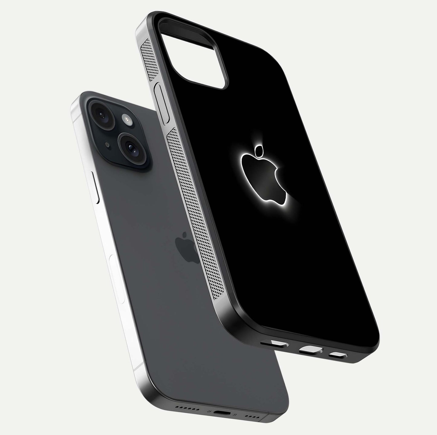 Neon Apple Glow Glass Case for iPhone 15 floating dual-view mockup showing HD shine and modern look