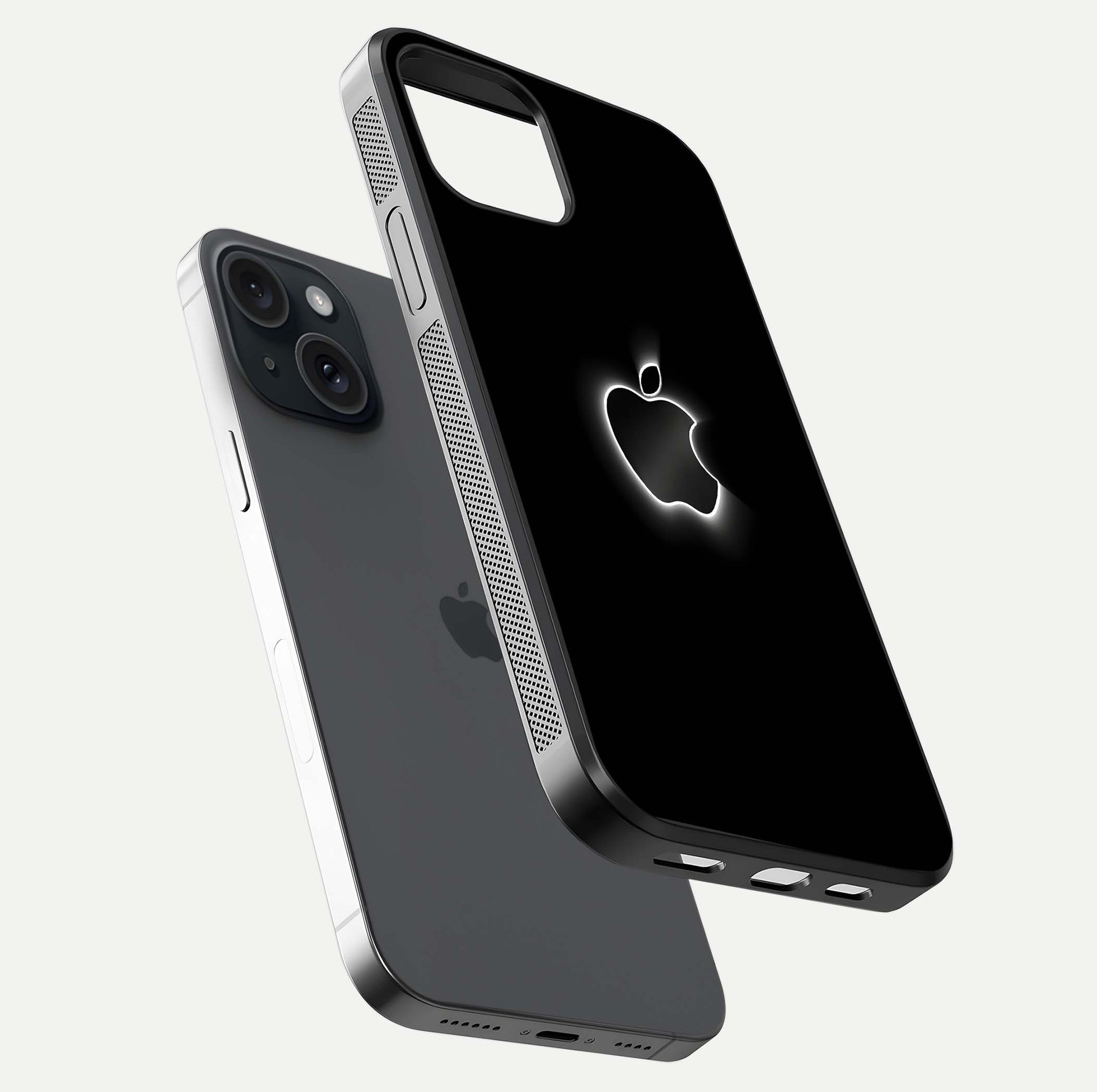 Neon Apple Glow Glass Case for iPhone 15 floating dual-view mockup showing HD shine and modern look