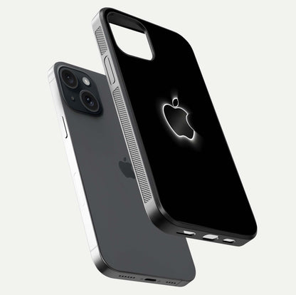 Neon Apple Glow Glass Case for iPhone 15 floating dual-view mockup showing HD shine and modern look