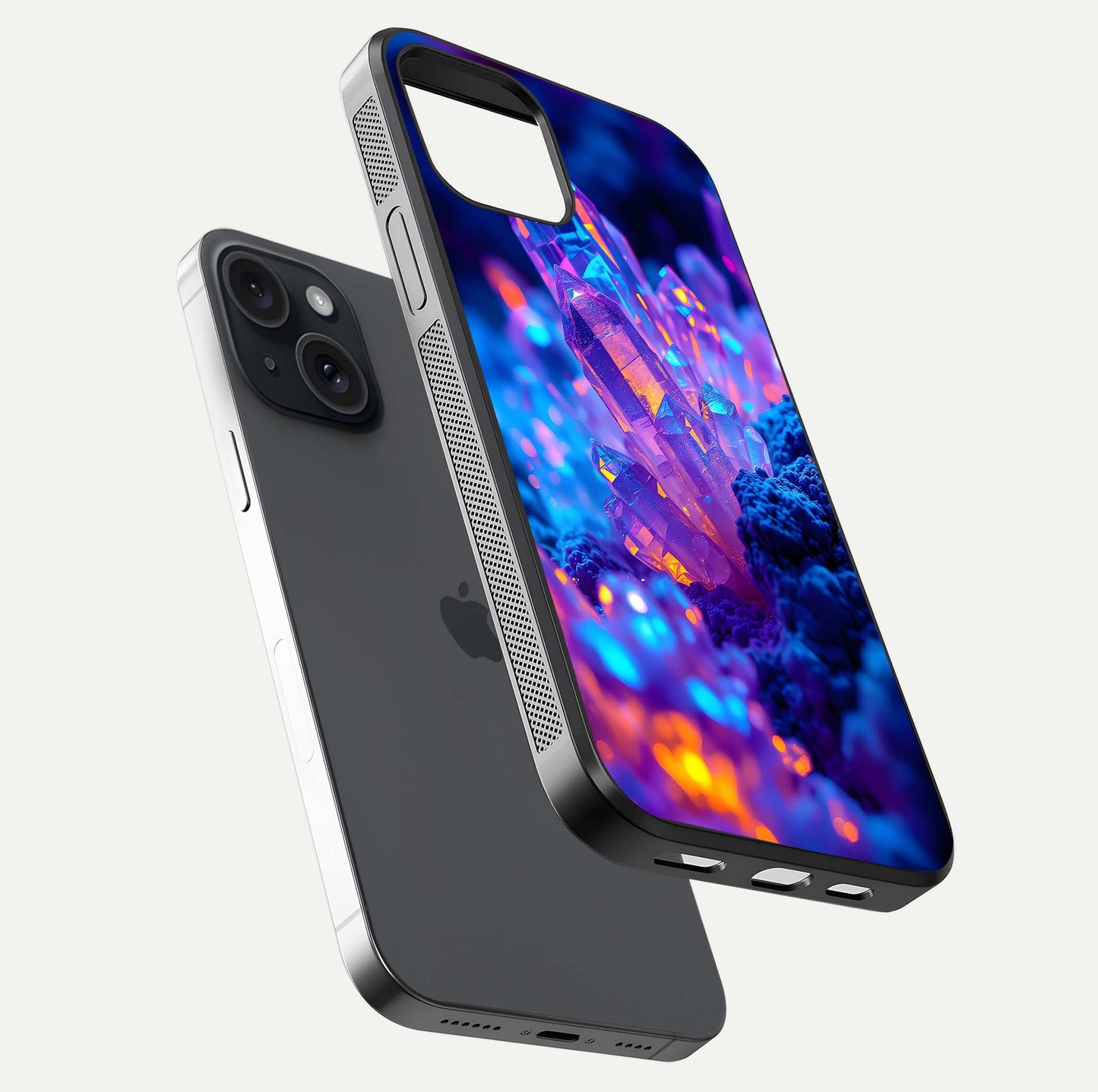 Neon Aura Shards Glass Case for iPhone 15 floating dual-view mockup showing HD shine and shard texture