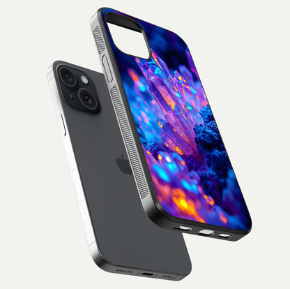 Neon Aura Shards Glass Case for iPhone 15 floating dual-view mockup showing HD shine and shard texture