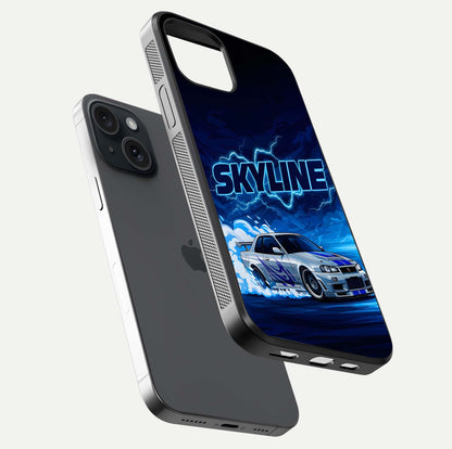 Neon Drift Beast Glass Case for iPhone 15 floating dual-view mockup showing gloss texture and motion glow