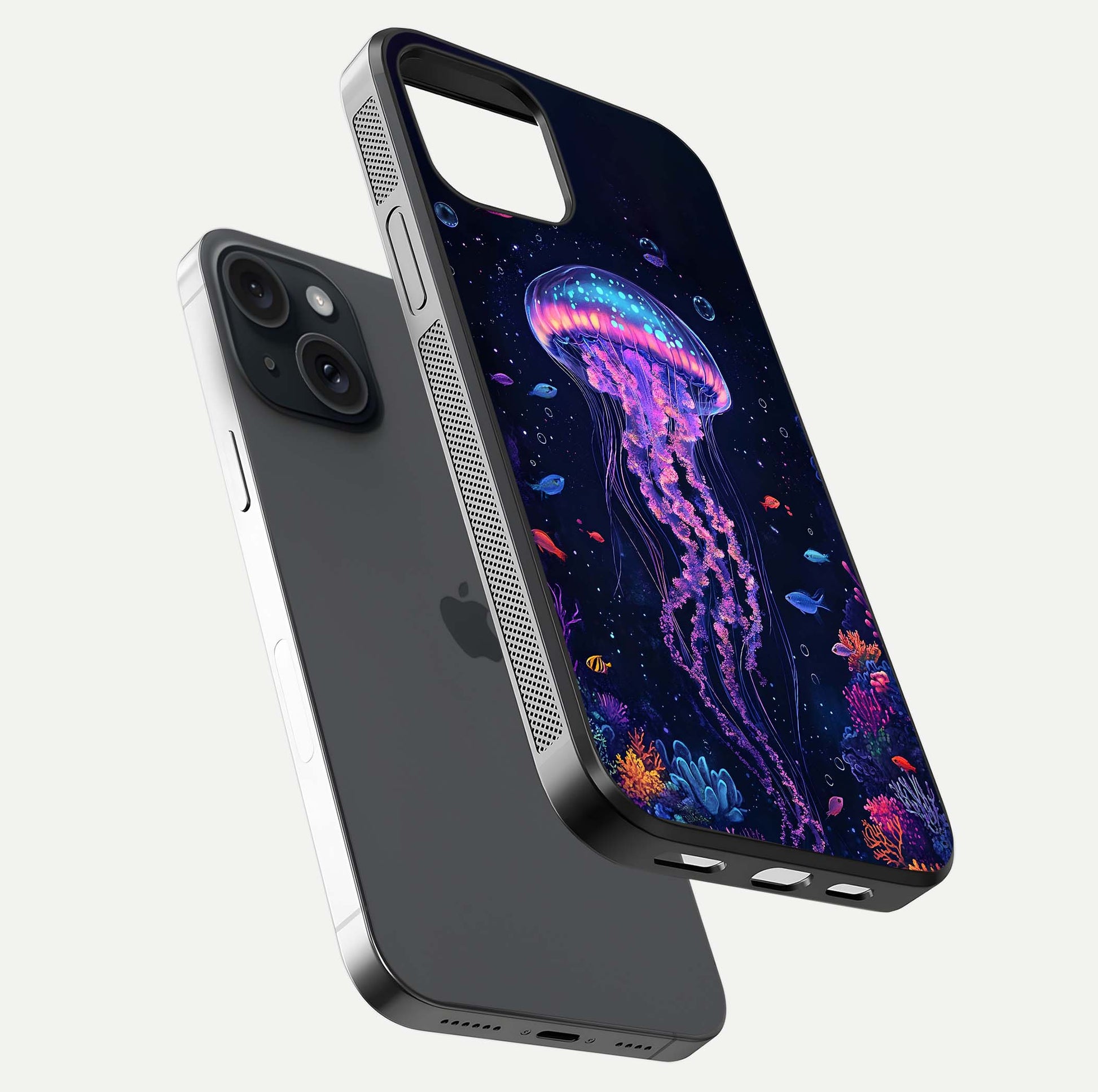 Neon Jellyfish Glass Case for iPhone 15 floating dual-view mockup showing gloss texture and underwater glow