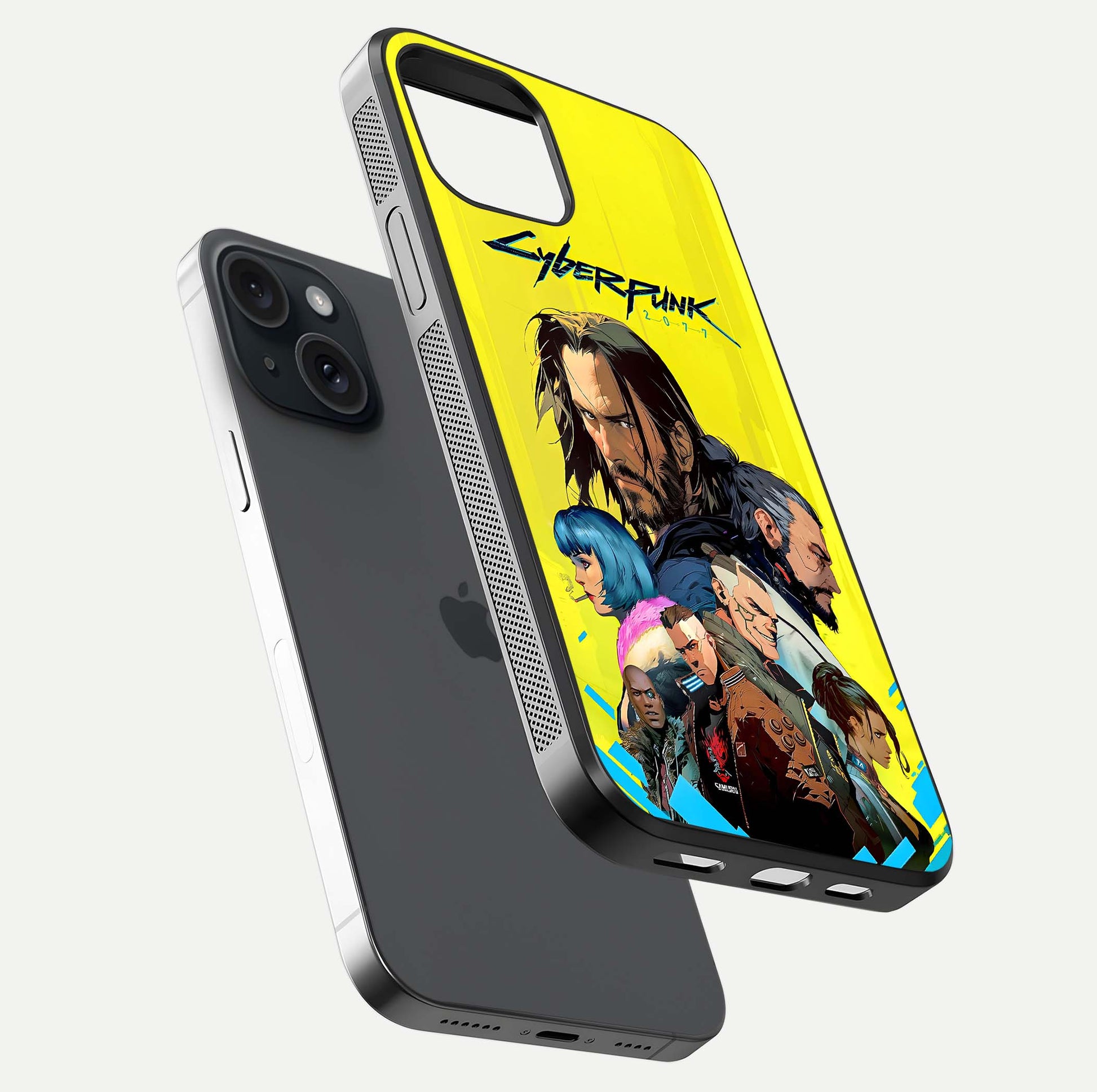 Neon Rebel Genesis Glass Case for iPhone 15 floating dual-view mockup showing electric glow and depth