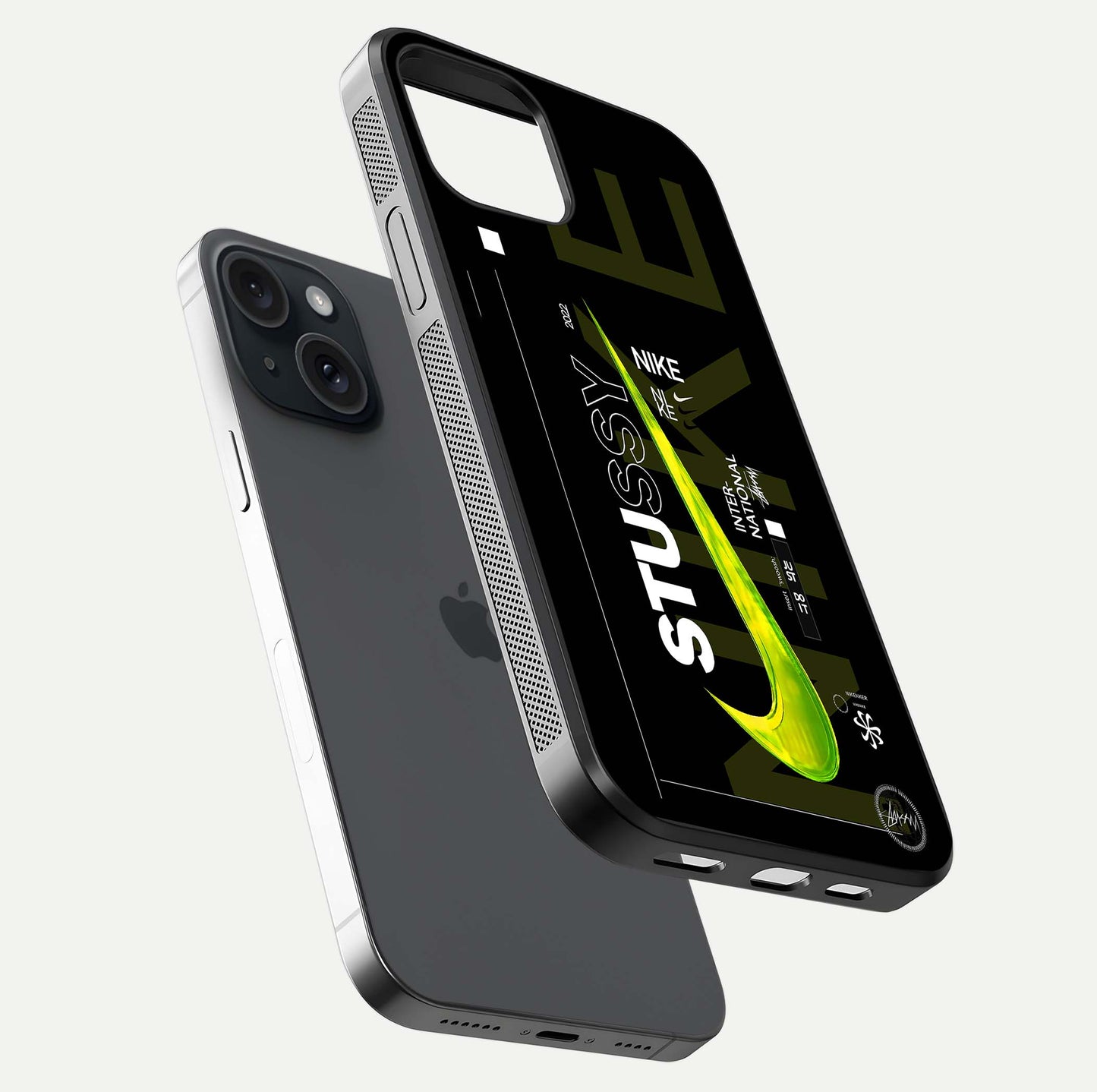 Neon Street Edition Glass Case for iPhone 15 floating dual-view mockup showing HD gloss and neon glow