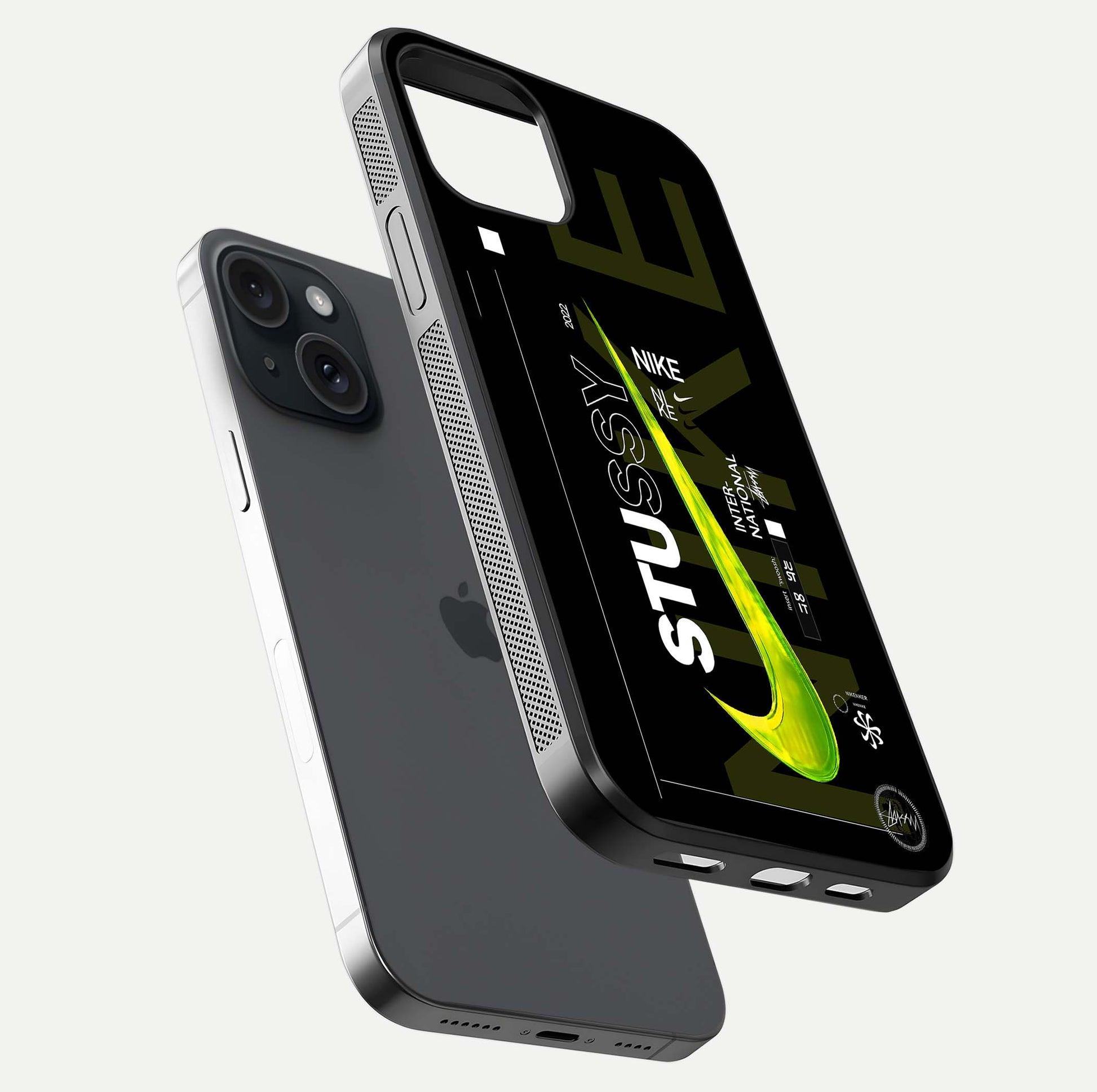 Neon Street Edition Glass Case for iPhone 15 floating dual-view mockup showing HD gloss and neon glow