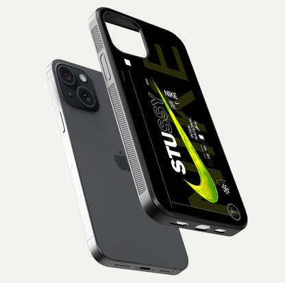 Neon Street Edition Glass Case for iPhone 15 floating dual-view mockup showing HD gloss and neon glow