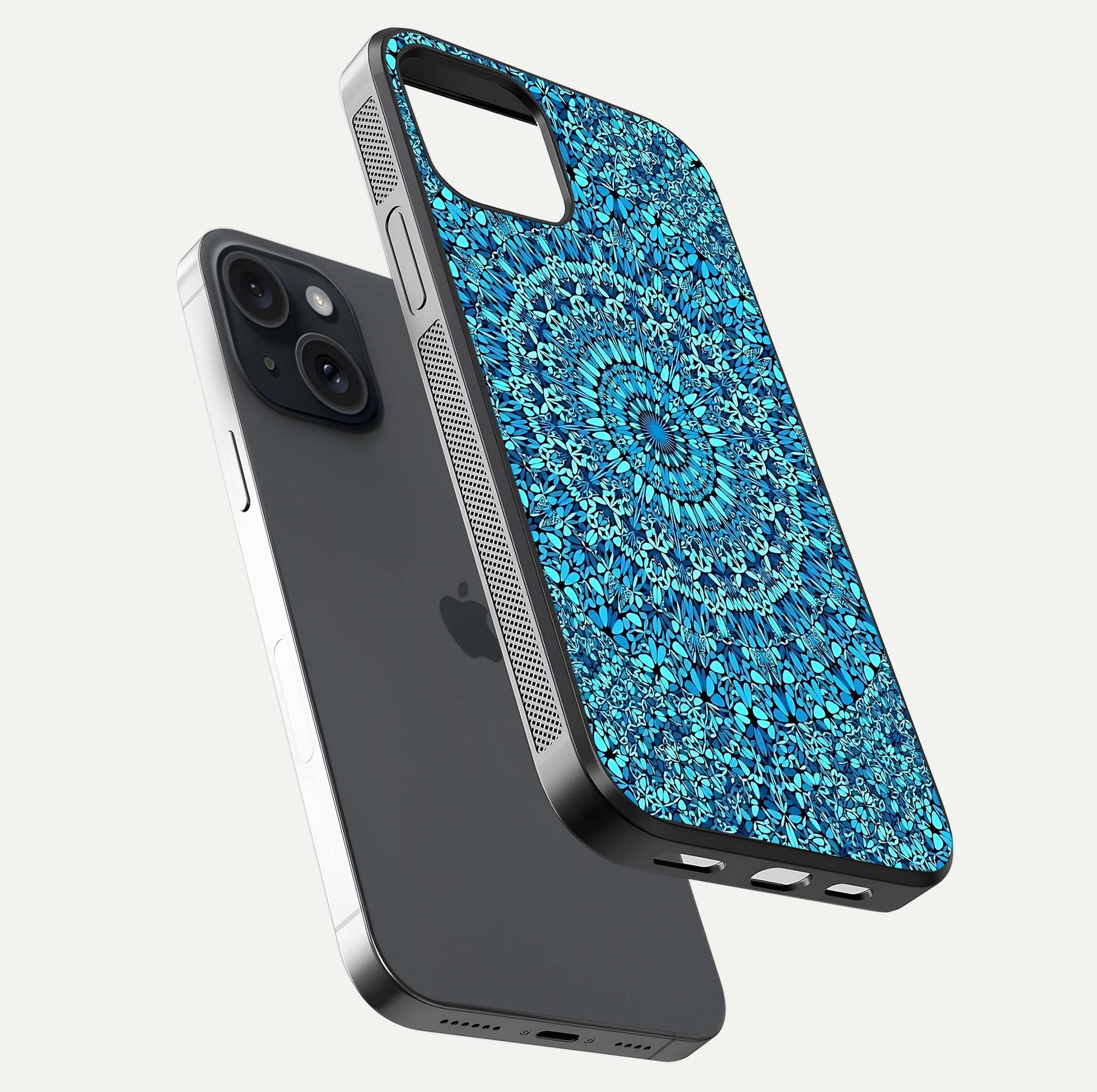 Ocean Bloom Mandala Glass Case for iPhone 15 floating dual-view mockup showing gloss texture and print depth