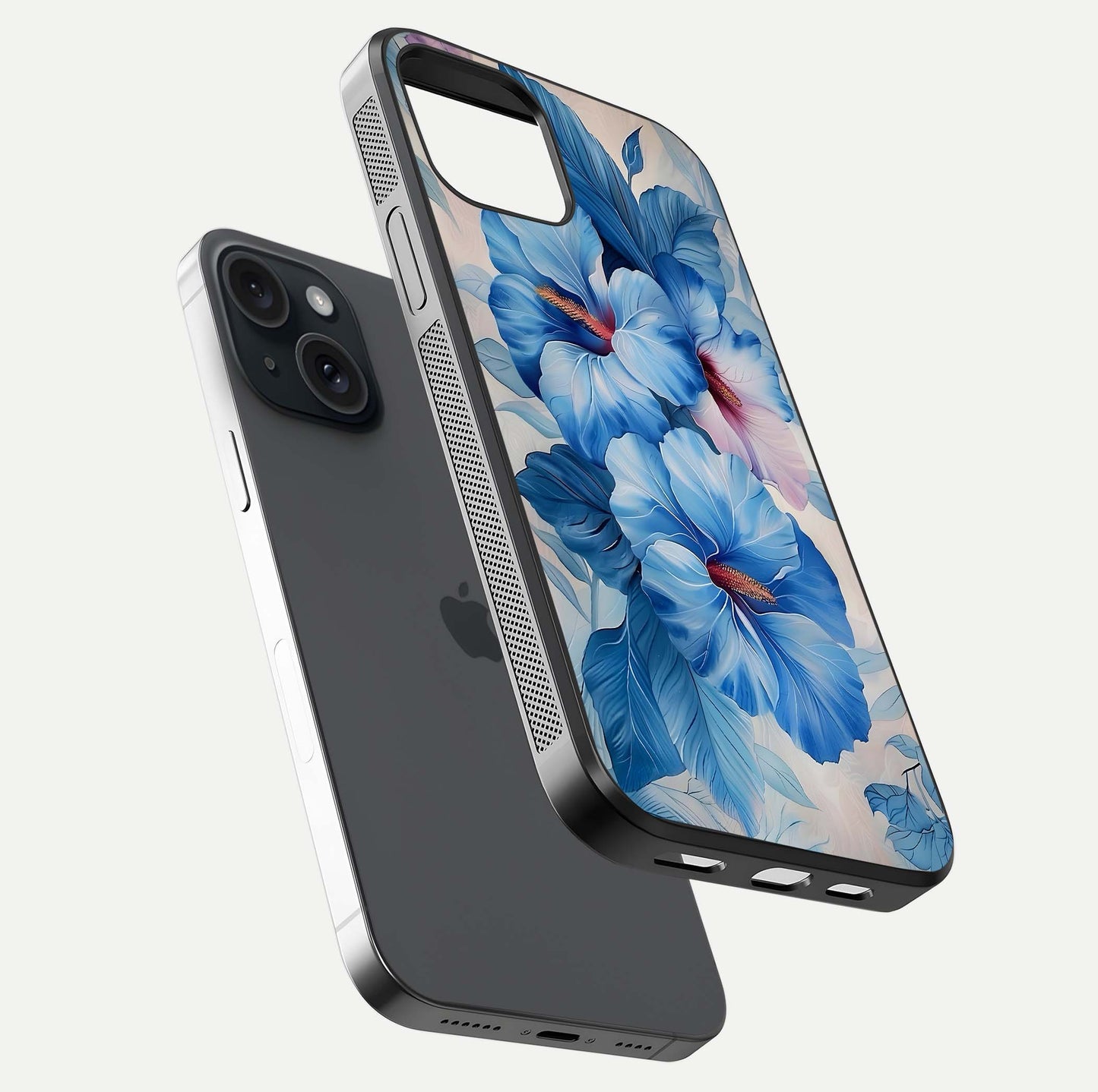 Ocean Hibiscus Grace Glass Case for iPhone 15 floating dual-view mockup showing gloss reflection and print clarity