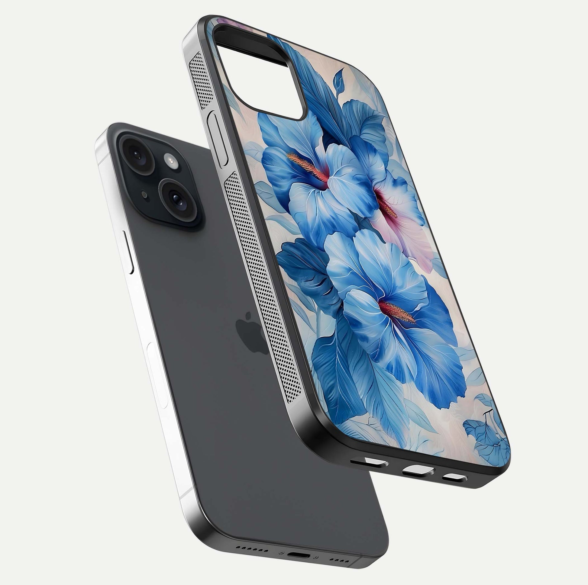 Ocean Hibiscus Grace Glass Case for iPhone 15 floating dual-view mockup showing gloss reflection and print clarity